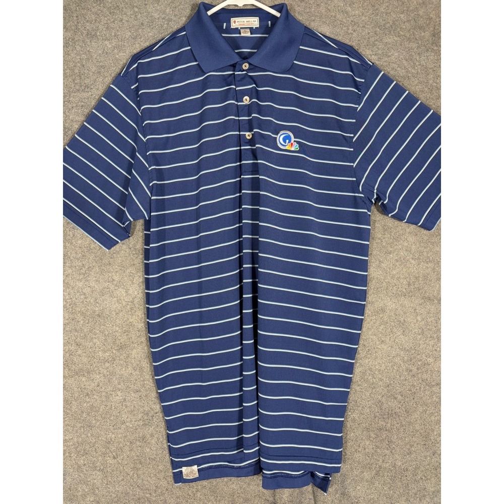 Peter Millar Summer Comfort Mens Large Polo Shirt Blue Striped NBC Logo Golf